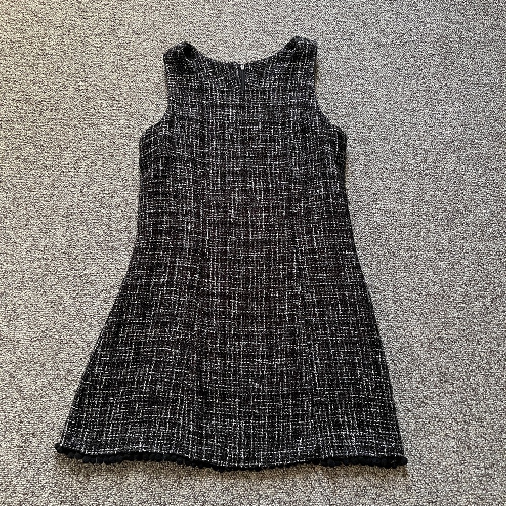 Boutique Korean Sleeveless Wool Black Tweed Pom Fringe Mini Dress XS Petite 0 2